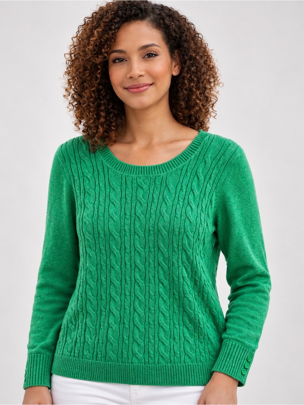Talbots Green Cable Knit Sweater Women’s XL Crewneck Button Cuff